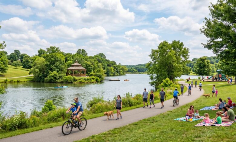 Families enjoying a sunny day at a lakeside community park in Mt. Juliet, Tennessee