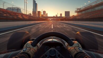 Driver's-eye view from an IndyCar racing toward the skyline at golden hour during the Music City Grand Prix in Wilson County