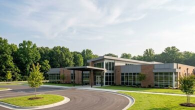 A newly built suburban elementary school on a late-summer Middle Tennessee morning