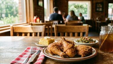 A plate of Southern comfort food with sweet tea on a wooden table