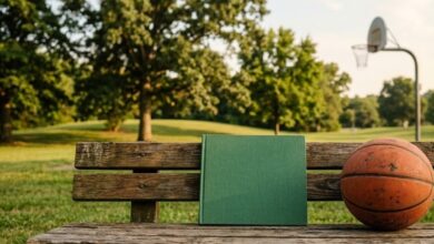A children's picture book and a basketball resting on a park bench beside an outdoor court