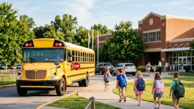 A school bus and students arrive for the first day of school
