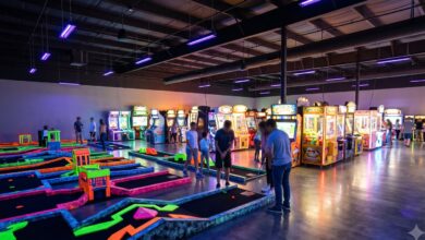 Glowing blacklight indoor mini-golf course with UV-reactive neon greens and arcade machines, representing the new Good Clean Fun! family entertainment center coming to Mt. Juliet