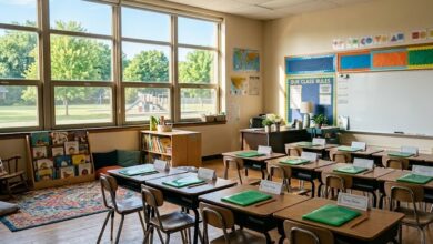 An empty fourth-grade classroom set up and ready for the first day of school