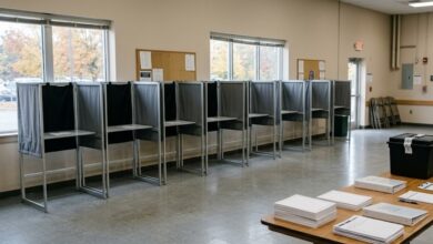 Empty voting booths set up in a community center room ahead of voters arriving