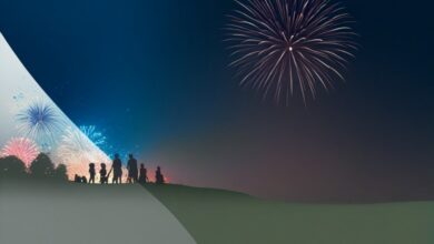 Colorful fireworks bursting over a park hillside with silhouettes of families watching on a summer evening