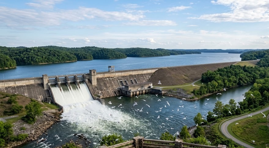 A lake dam overlook with greenway access (illustrative)