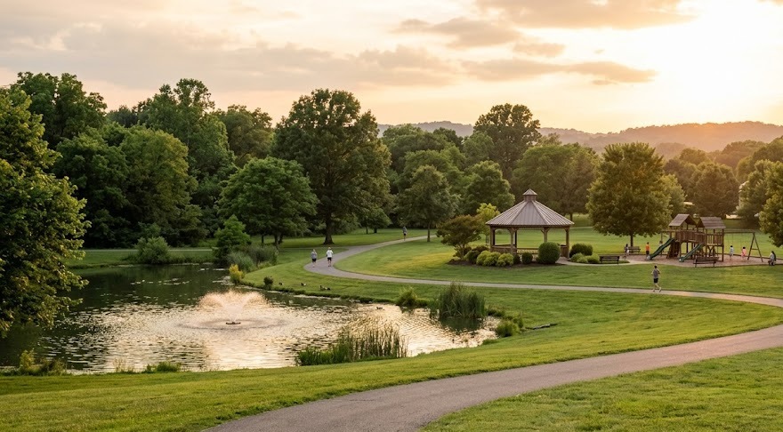 A community park pond with a fountain at golden hour (illustrative)