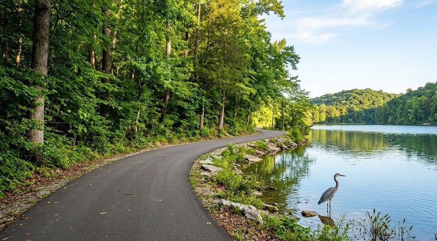 A paved lakeside loop trail under summer trees (illustrative)