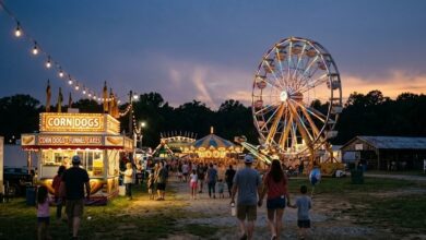 A county fair midway at dusk with a lit Ferris wheel, food stands and families walking between rides (illustrative)