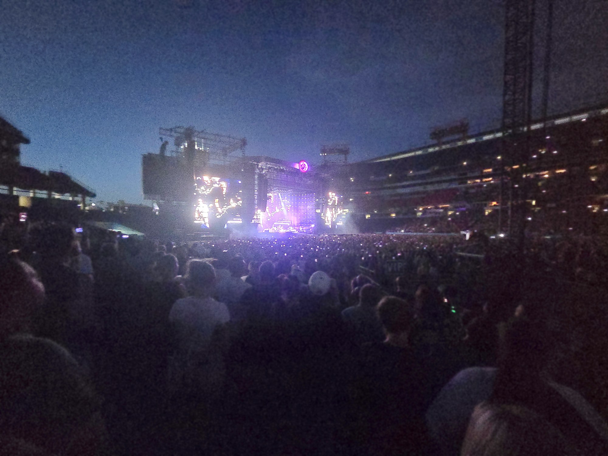 Foo Fighters on stage at dusk at Nissan Stadium on August 15, 2026, the final concert at the Nashville venue, a short drive from Mt. Juliet