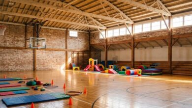 Bright community recreation center gymnasium with natural daylight, set up for a family activity program (illustrative)