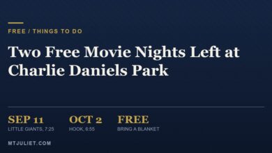 Illustrative J3 Media graphic: free Movie in the Park nights at Charlie Daniels Park in Mt. Juliet, September 11 and October 2, 2026 (illustrative)