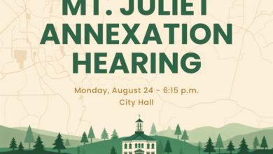 Illustrated civic map graphic for the Mt. Juliet Board of Commissioners public hearing on August 24, 2026