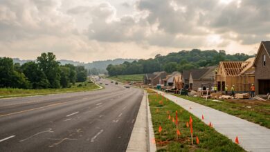 A five-lane suburban Middle Tennessee road with fresh curbing, a new sidewalk and orange survey stakes beside homes under construction on rolling green hills (illustrative)