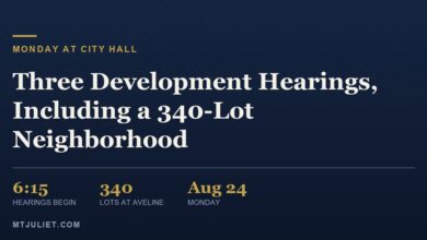 Illustrative J3 Media graphic for the Mt. Juliet public hearings on Aveline, Emerson Park and 10555 Lebanon Road set for August 24, 2026
