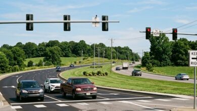 Divided four-lane arterial road with a landscaped median and traffic signals in Middle Tennessee, illustrating Mt. Juliet's new U-turn rules (illustrative)
