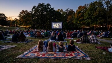 Families watching an outdoor movie on a park lawn at dusk (illustrative)