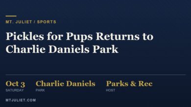 Editorial graphic for the Pickles for Pups charity pickleball tournament at Charlie Daniels Park in Mt. Juliet on October 3, 2026 (illustrative)