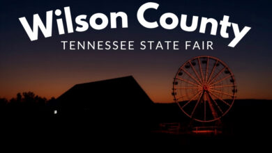 Ferris wheel and midway lights at dusk over Middle Tennessee farmland, illustrating the Wilson County–Tennessee State Fair, August 13–22, 2026 in Lebanon