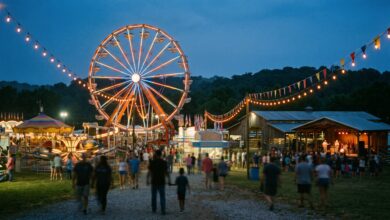 Ferris wheel and midway lights at a Middle Tennessee county fair at dusk (illustrative)