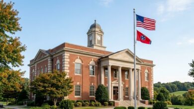 Red brick municipal building with United States and Tennessee flags on a clear autumn morning in Middle Tennessee (illustrative)