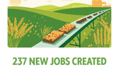Illustrative graphic of a snack food production line with oats and grain motifs over Tennessee hills, representing Bridgetown Natural Foods adding 237 jobs in Wilson County (illustrative)