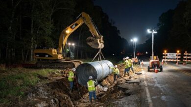 Night crew lowering a new drainage culvert pipe under a closed two-lane road in Wilson County (illustrative)