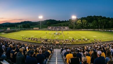 Illustration of a Middle Tennessee high school football game on a Friday evening under stadium lights — not a photograph of Golden Bear Stadium
