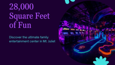 Illustrative graphic of glowing blacklight mini-golf shapes and arcade cabinets representing the new 28,000-square-foot Good Clean Fun family entertainment center in Mt. Juliet, Tennessee (illustrative)
