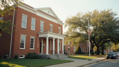 A two-storey red brick municipal building with a white columned portico, flagpole and lawn under Middle Tennessee morning light (illustrative)