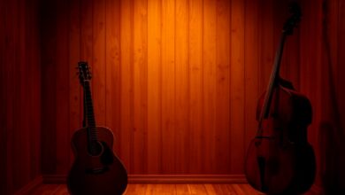 Live americana musicians on a small warmly lit stage with acoustic guitar and upright bass, representing the Mt. Juliet music scene (illustrative)