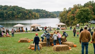 Children playing on hay bales at a lakeside fall festival in Middle Tennessee (illustrative)