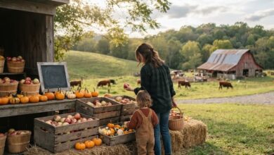 Parent and toddler picking apples and pumpkins at a Middle Tennessee farm stand (illustrative)