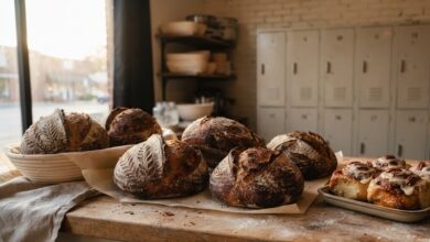 Sourdough loaves and cinnamon rolls on a bakery counter with pickup lockers behind, Mt. Juliet (illustrative)