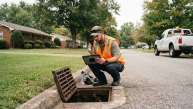 Survey technician inspecting a curbside storm drain catch basin on a Mt. Juliet street (illustrative)
