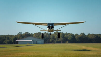 A small taildragger bush plane flying low over a grass airstrip at a rural airport, illustrating the Music City STOL competition at Lebanon Municipal Airport (illustrative)