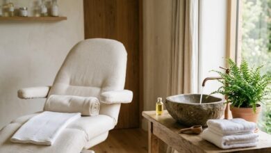 Bright spa treatment room with padded chair, stone basin and folded towels (illustrative)