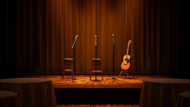An empty songwriter round stage with stools, microphone stands and an acoustic guitar under warm stage lighting before an evening benefit (illustrative)