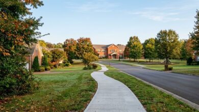 New concrete sidewalk beside a quiet Mt. Juliet-style neighborhood road leading to an elementary school and park (illustrative)