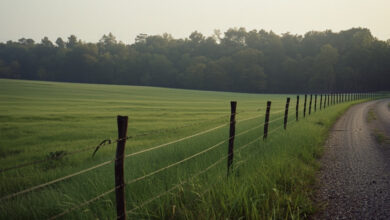 Open green pasture edged by a wire fence and gravel lane under Middle Tennessee hardwoods, representative of undeveloped acreage in Mt. Juliet (illustrative)
