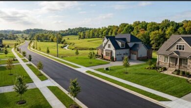 A newly built suburban street with young trees and new homes beside open Middle Tennessee pasture (illustrative)