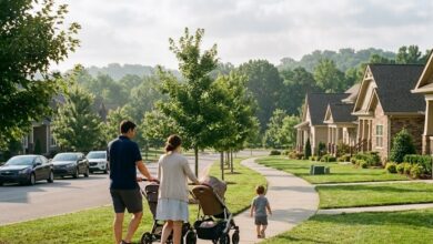 Young family walking in a Mt. Juliet neighborhood (illustrative)