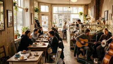 Acoustic trio playing in a bright bakery cafe with customers at wooden tables (illustrative)