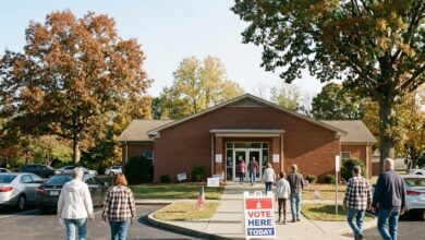 Voters walking toward a brick community center past a Vote Here sign on an autumn morning (illustrative)