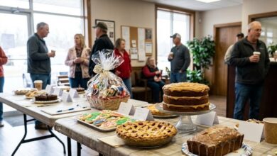 Homemade pies and cakes on a charity bake auction table (illustrative)