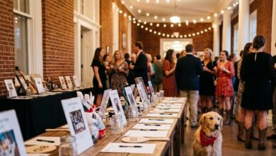 Silent auction tables and guests in boots at a charity dinner with a golden retriever (illustrative)