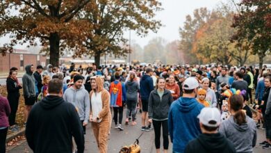 Costumed runners and a dog at the start of an autumn charity race (illustrative, AI-generated)