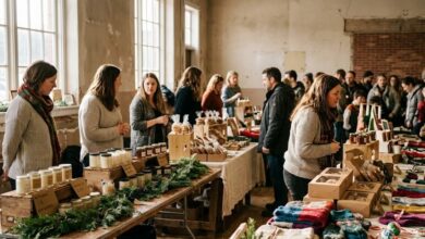 Holiday craft market with handmade candles, baked goods and knitwear (illustrative, AI-generated)