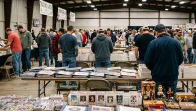 Shoppers browsing trading card and memorabilia tables at a collectibles show (illustrative)